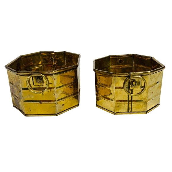 Pair Of Nesting Brass Octagonal Planters With Handles Bowl Basket VTG 60s - Picture 7 of 16